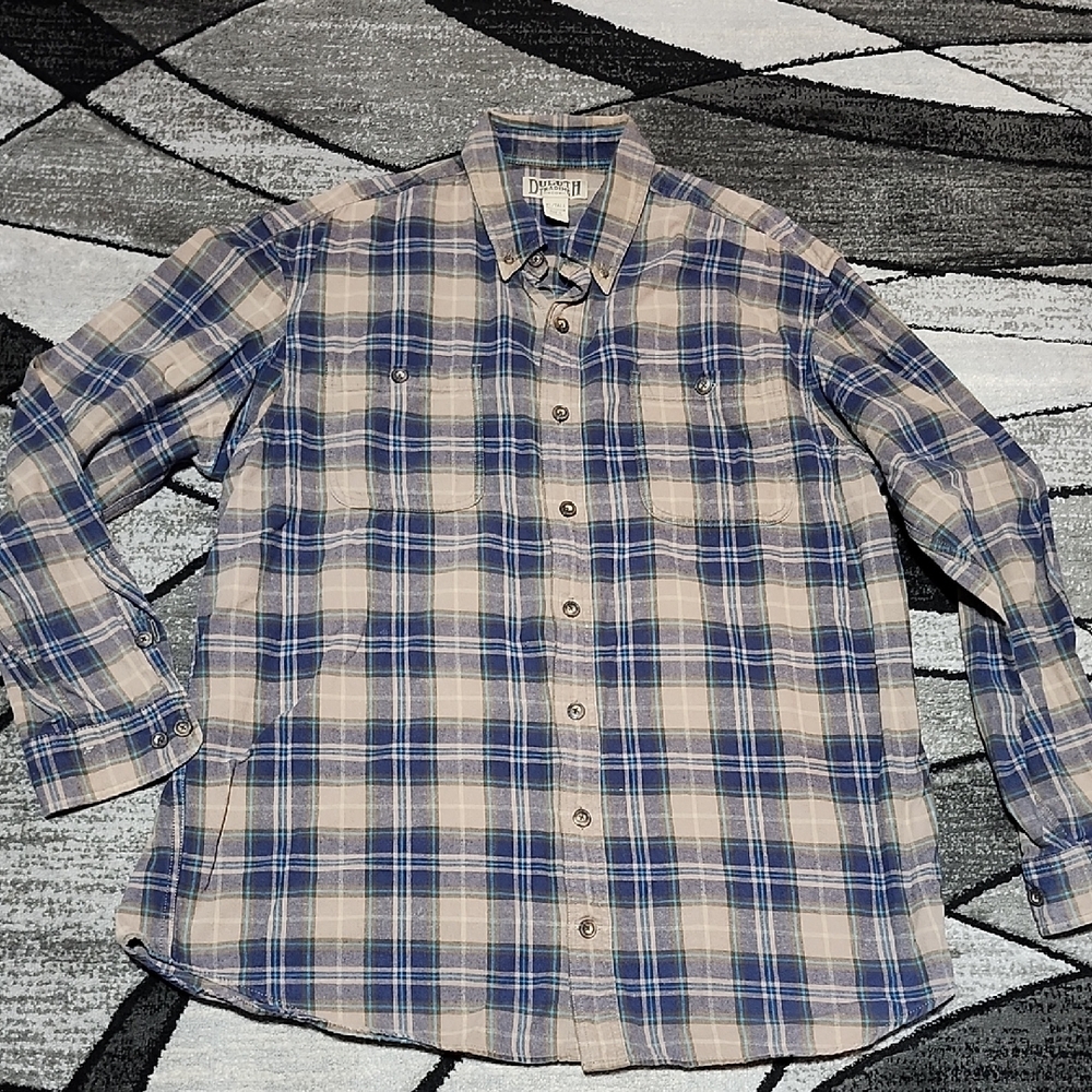 DULUTH TRADING CO. TAN & BLUE FLANNEL PLAID REACH GUSSETS BUTTON-DOWN SHIRT XL/T
